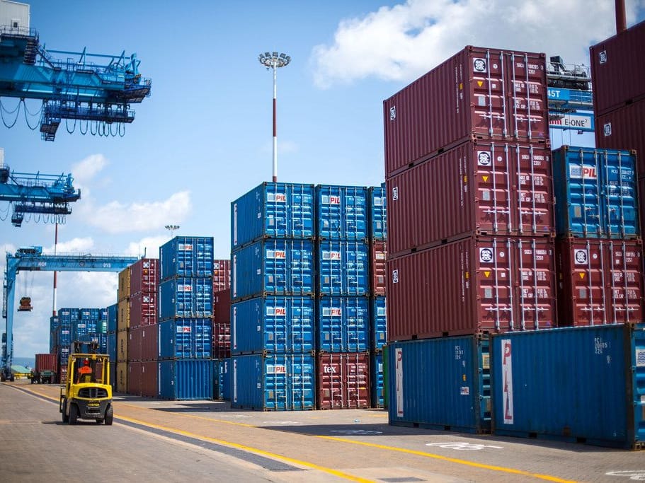 Container stacks and quayside cranes at the Port of Mombasa