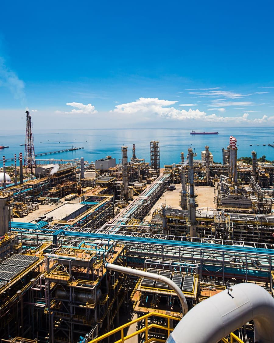 Aerial view of an oil refinery beside the sea