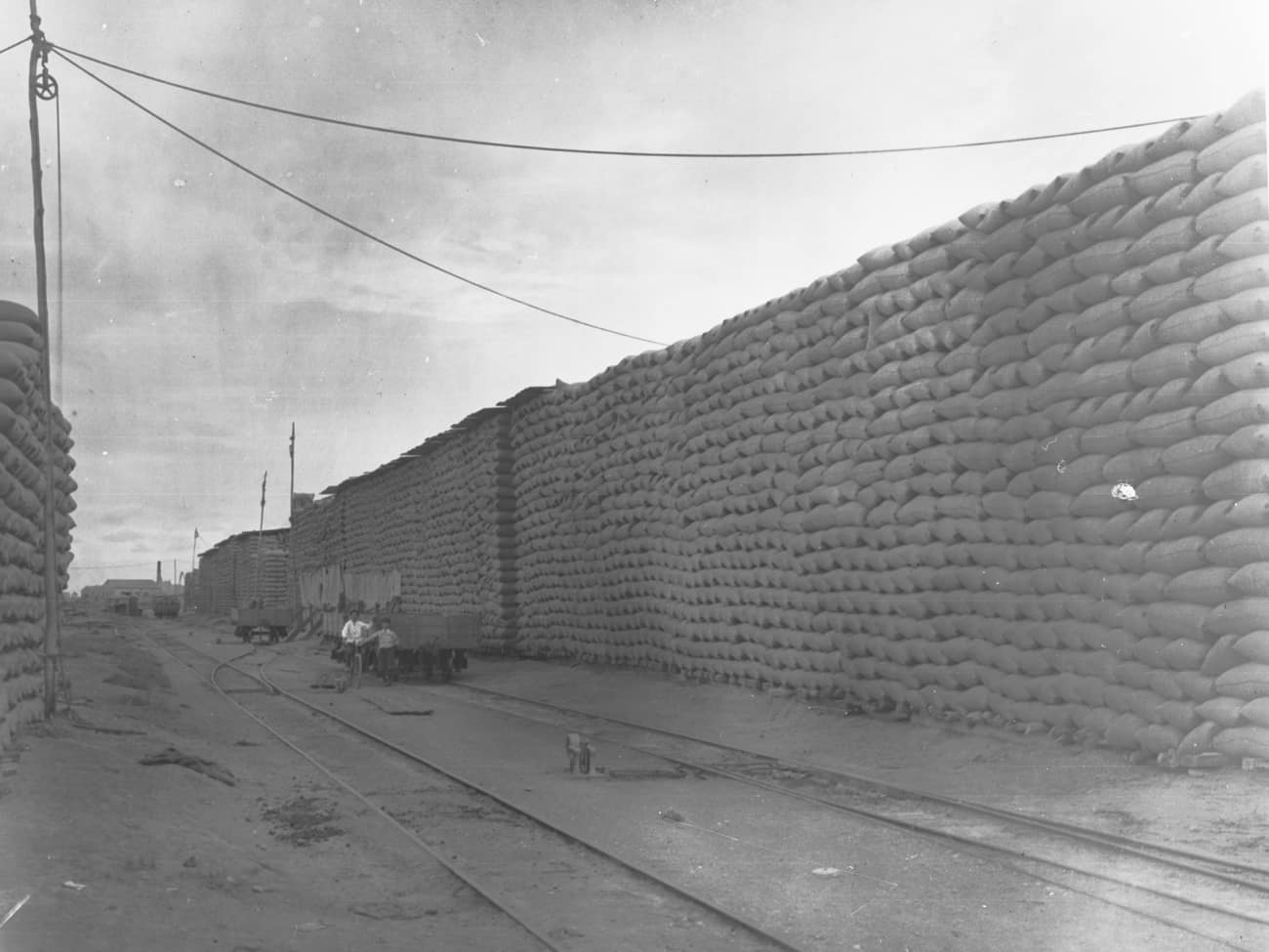 Stacked sacks of bagged grain beside a railway line (historical photograph)