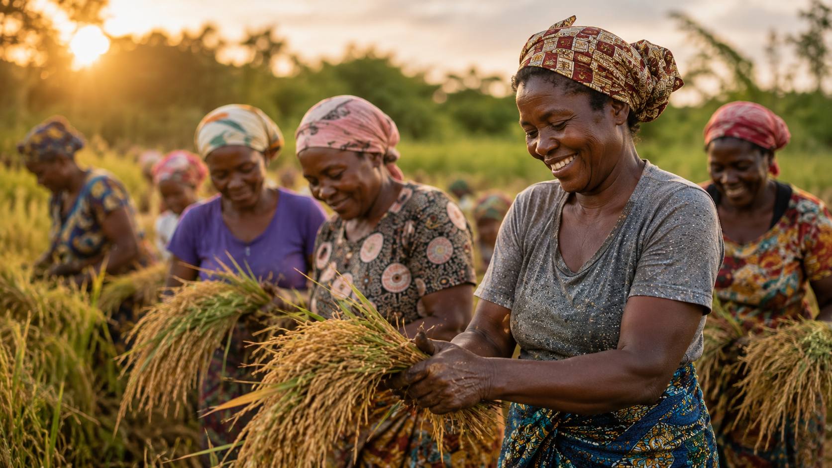 Women harvesting rice together at sunset in an origin community