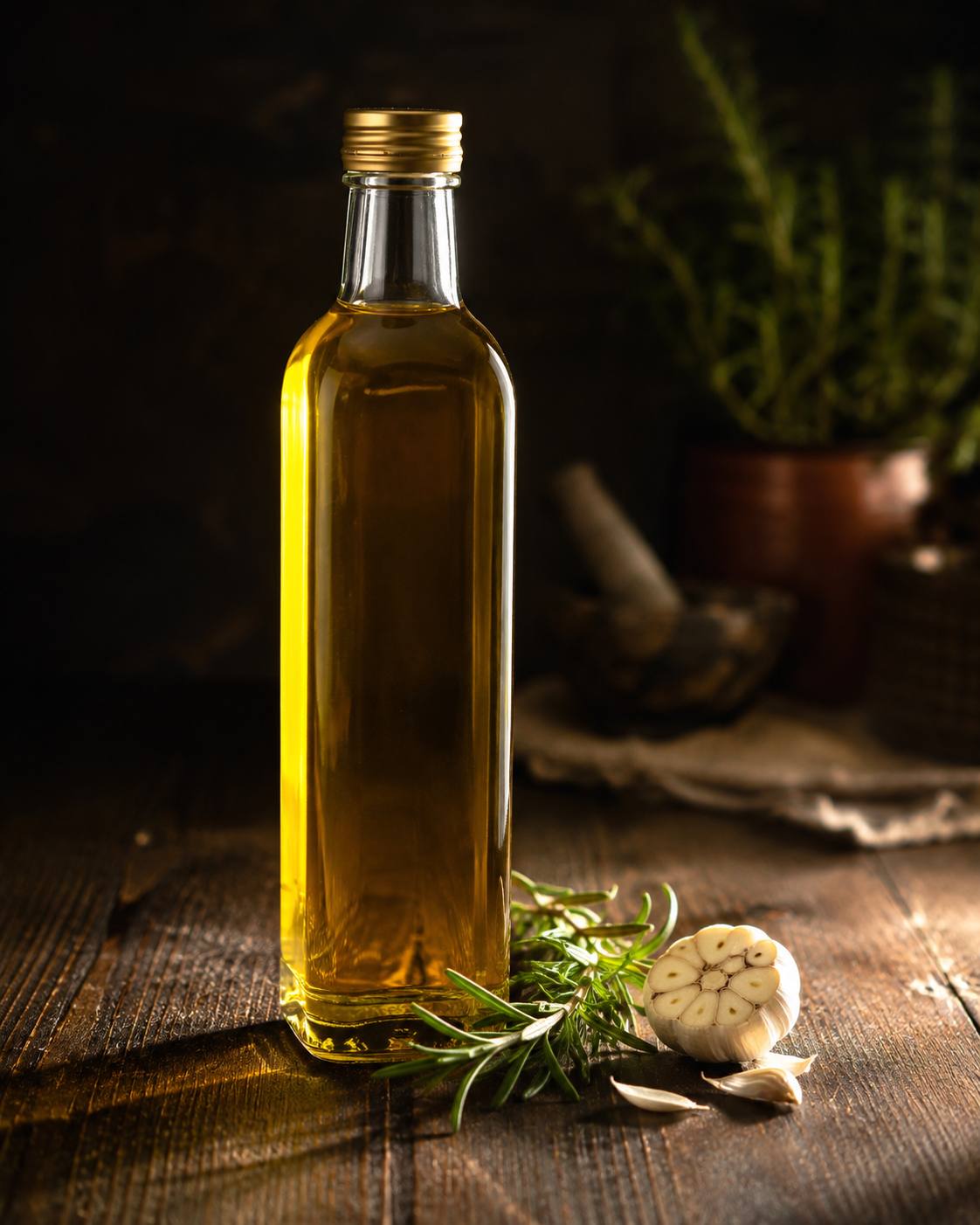 Bottle of edible oil with rosemary and garlic