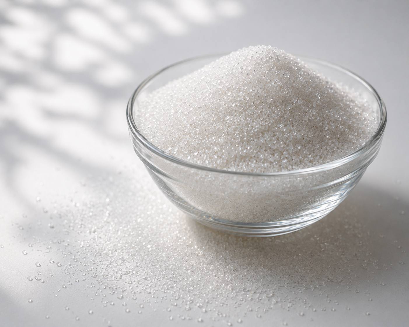 White refined sugar in a glass bowl