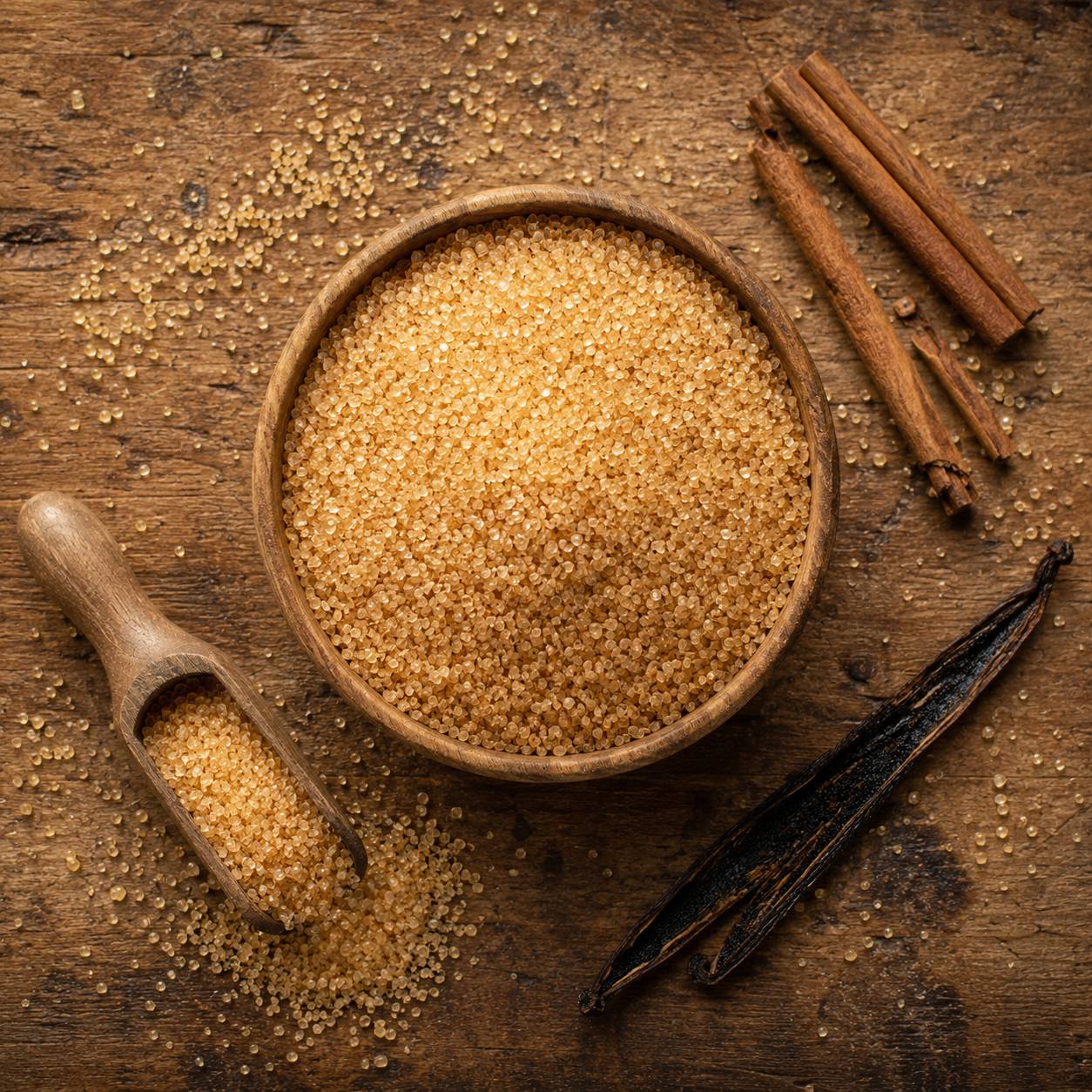 Raw cane sugar in a wooden bowl with cinnamon and vanilla