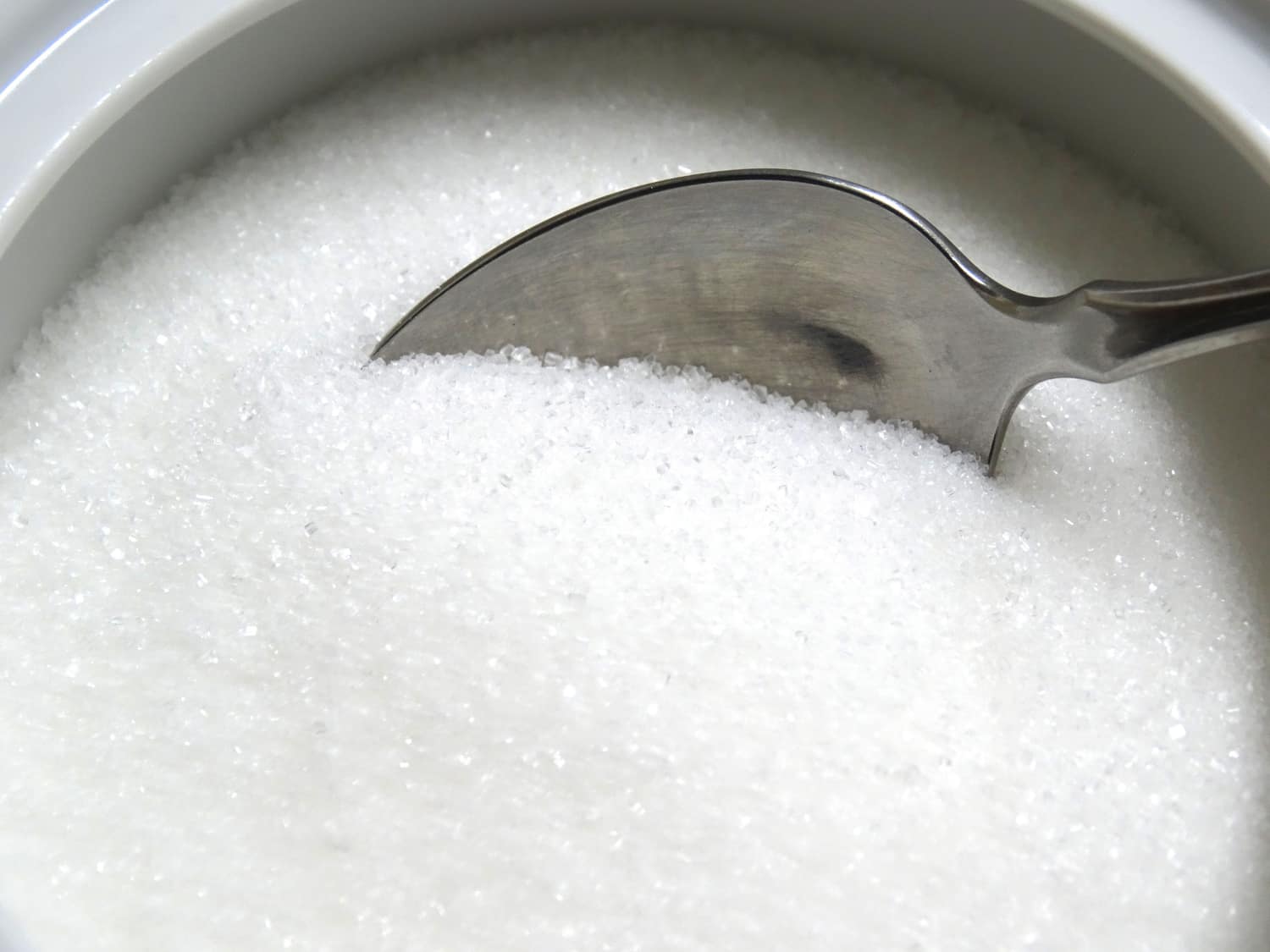Refined white sugar in a bowl with a spoon